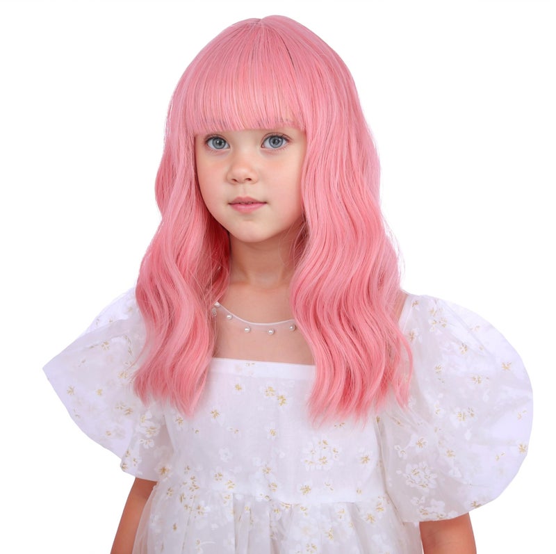 DUDUWIG Girls Pink Wig with Air Bangs Kids Short Lovely Pink Wavy Curly Wigs Child Light Pink Synthetic Cosplay Hair - Image 1